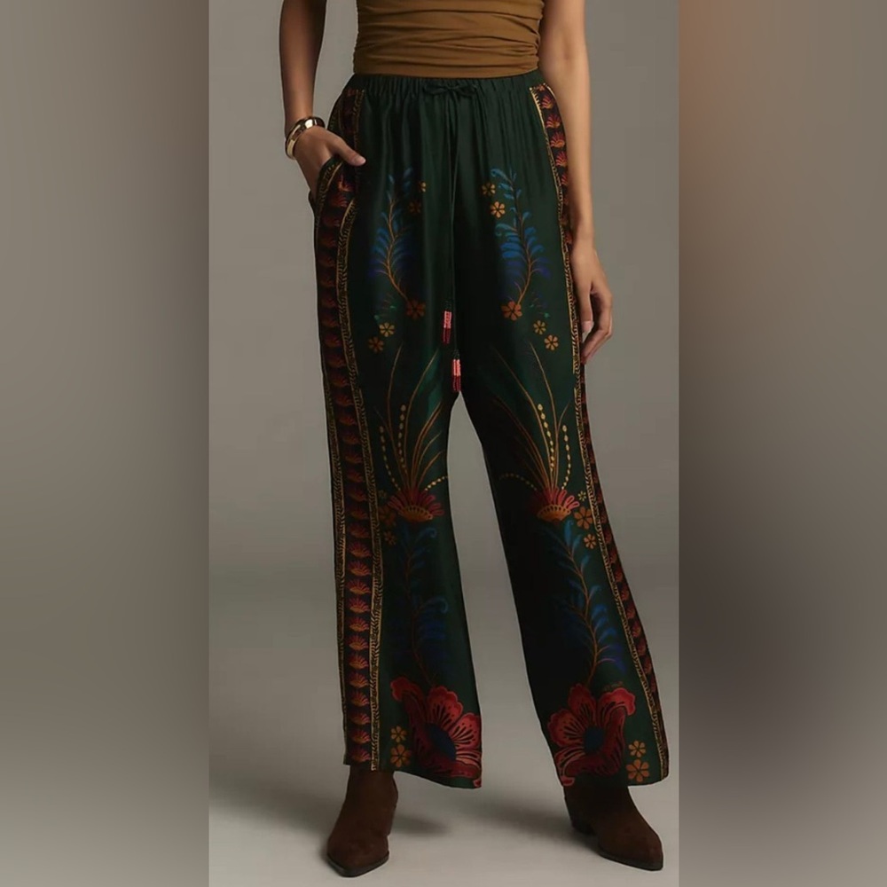FARM Rio Dark Green Floral Wide Leg Pants